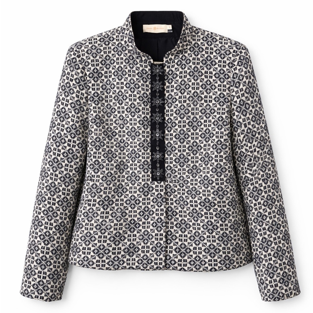 Tory Burch Embellished Jacquard Jacket Size 12 Navy Ivory Collarless Blazer